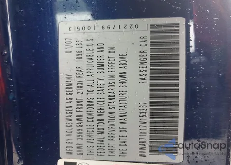 2007 Volkswagen Rabbit из США, поврежденный, VIN WVWAR71K17W153237